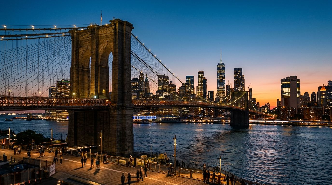 Brooklyn Bridge and Manhattan skyline at twilight